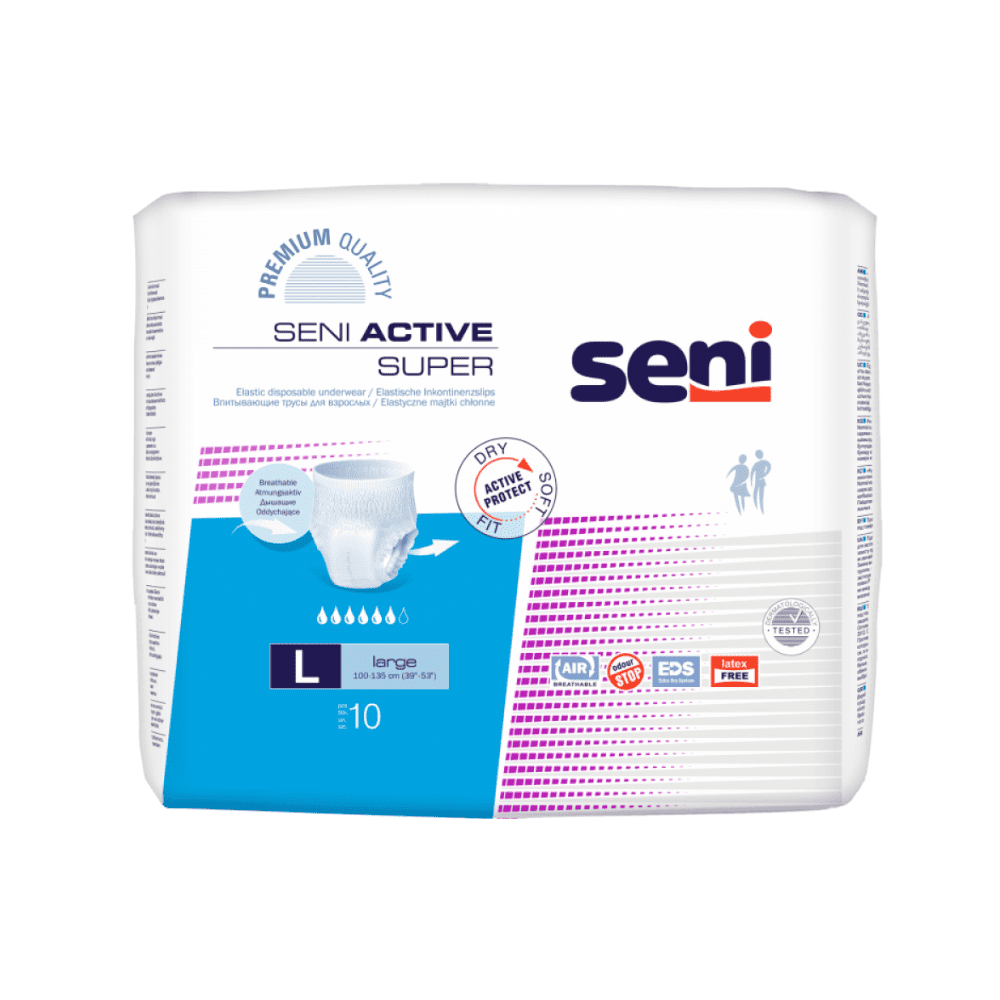 Eine Packung Seni Active Super Inkontinenzpants der TZMO Deutschland GmbH in großer Größe bei Blasenschwäche, abgebildet mit Produktinfo, Größenindikator und Zertifizierungssymbolen auf weißem Hintergrund.