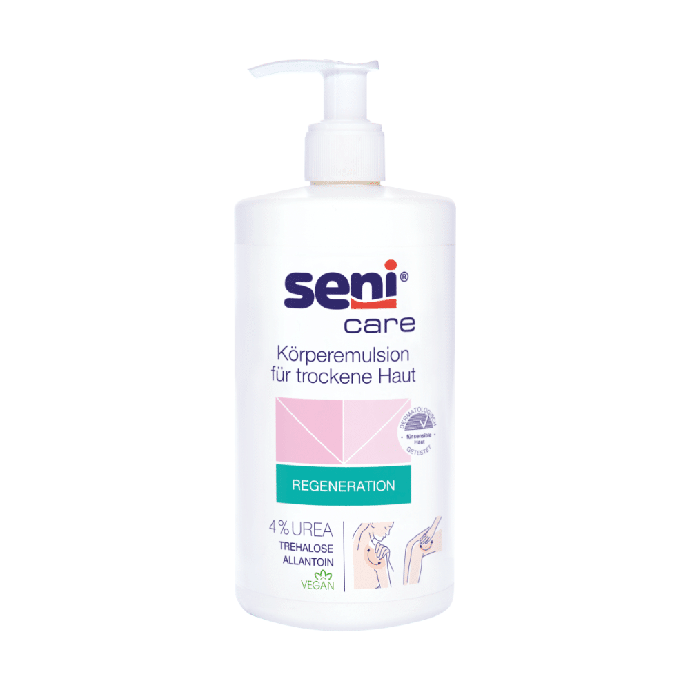 Die 500-ml-Tube der Seni Care Körperemulsion für trockene Haut der TZMO Deutschland GmbH enthält 4 % Urea, Trehalose und Allantoin, um trockene Haut tiefenwirksam mit Feuchtigkeit zu versorgen. Diese vegane Formel ist auf Deutsch beschriftet und verfügt über einen Pumpspender für eine einfache Anwendung.