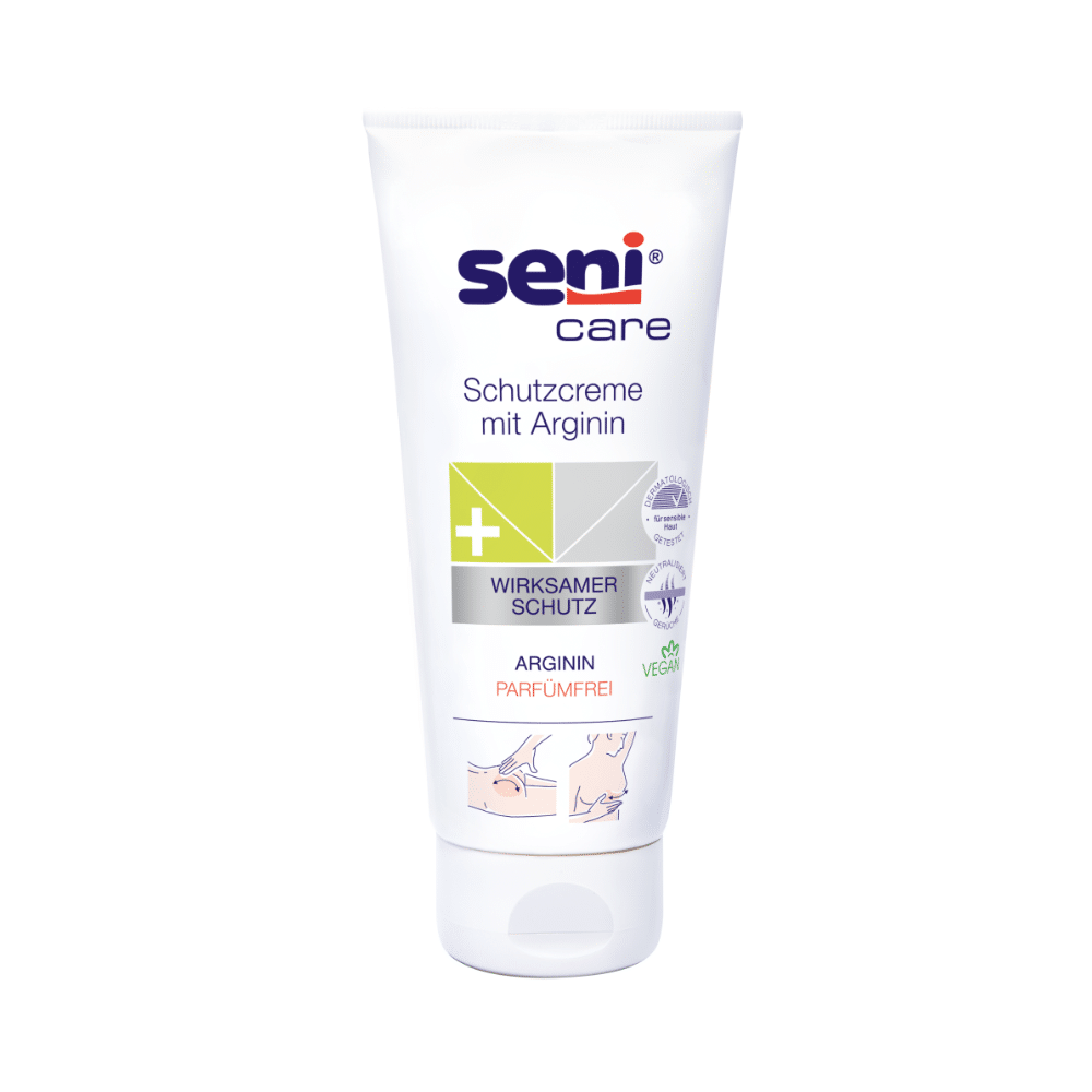 Eine weiße Tube der Seni Care Wundschutzcreme mit Arginin – 200 ml von TZMO Deutschland unterstreicht ihren wirksamen Schutz für empfindliche Haut. Die vegane, parfümfreie Formel unterstützt den Hautregenerationsprozess und ist somit ideal zur Hautpflege geeignet.
