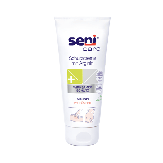 Eine weiße Tube der Seni Care Wundschutzcreme mit Arginin – 200 ml von TZMO Deutschland unterstreicht ihren wirksamen Schutz für empfindliche Haut. Die vegane, parfümfreie Formel unterstützt den Hautregenerationsprozess und ist somit ideal zur Hautpflege geeignet.