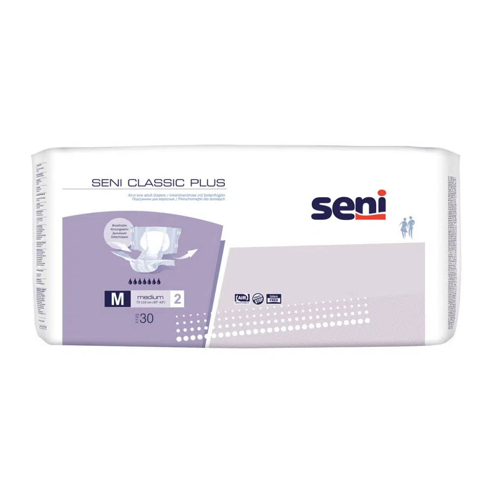 Eine Packung Seni Classic Plus Inkontinenzhosen (Größe S-XL) der TZMO Deutschland GmbH enthält 30 Stück. Die weiß-hellviolette Verpackung zeigt Produktdetails und das Seni-Logo auf der Vorderseite.