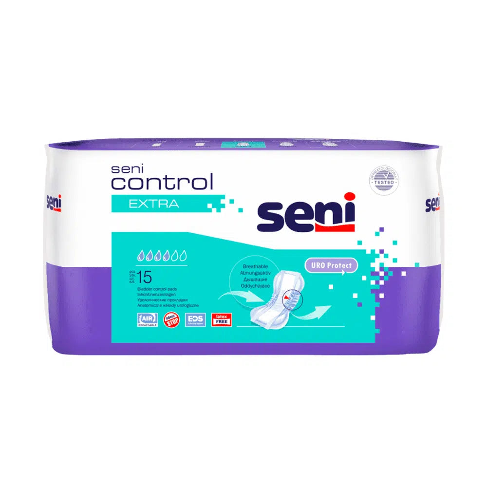 Eine Packung Seni Control Extra Inkontinenzeinlage (15 Stück) von TZMO Deutschland GmbH, mit lila-weißer Verpackung mit blaugrünen Akzenten, Informationen zur Saugfähigkeit und Grafiken, die Tragekomfort und Diskretion auf weißem Hintergrund hervorheben.
