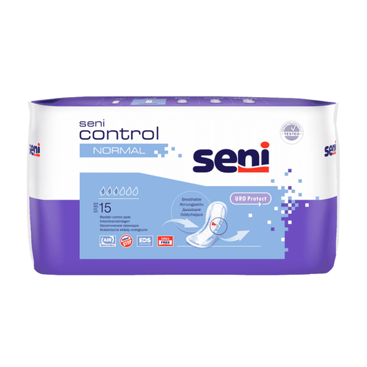 Eine Packung mit 15 Seni Control Normal Inkontinenzeinlagen der TZMO Deutschland GmbH im lila-weißen Design mit Produktdetails. Diese Einlagen bieten atmungsaktiven, diskreten und bequemen Schutz bei Inkontinenz.