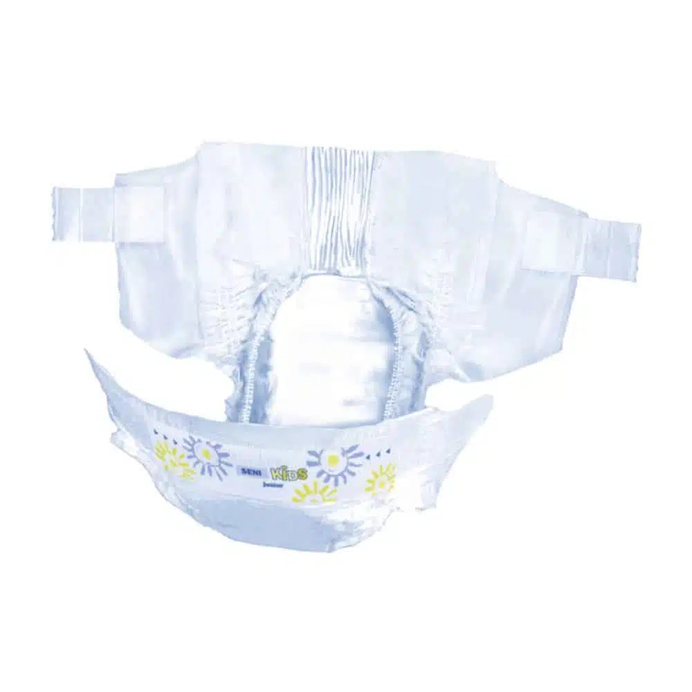 Eine geöffnete Seni Kids Junior Extra Inkontinenzhose (15+ kg, Packung 30 Stück) von TZMO Deutschland GmbH mit Klebelaschen, elastischen Beinöffnungen, einem weißen Design mit gelben und blauen Blumen und dem Extra Dry System für mehr Komfort.
