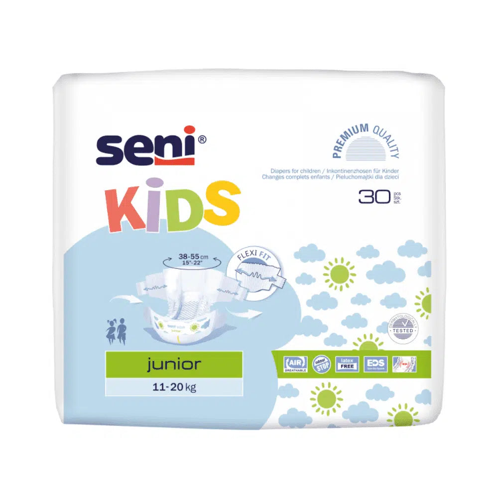 Abgebildet ist eine Packung Seni Kids a30 Atmungsaktive Inkontinenzhosen für Kinder der TZMO Deutschland GmbH mit farbenfrohen Designs, mit der Aufschrift „11-20 kg“ und „30 Stück“. Es verfügt über Symbole für Luftzirkulation, flexible Passform und Premium-Qualität und unterstreicht seine atmungsaktive Außenschicht.