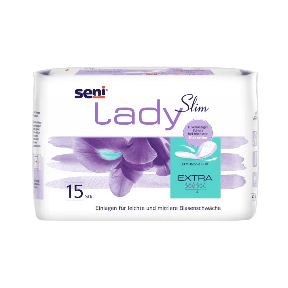 Seni Lady Slim Extra Inkontinenzeinlage von TZMO Deutschland GmbH: Packung mit 15 Stück, lila-blumiges Design, deutsche Aufschrift, betonter Tragekomfort. Ideal bei leichter bis mittlerer Blasenschwäche.