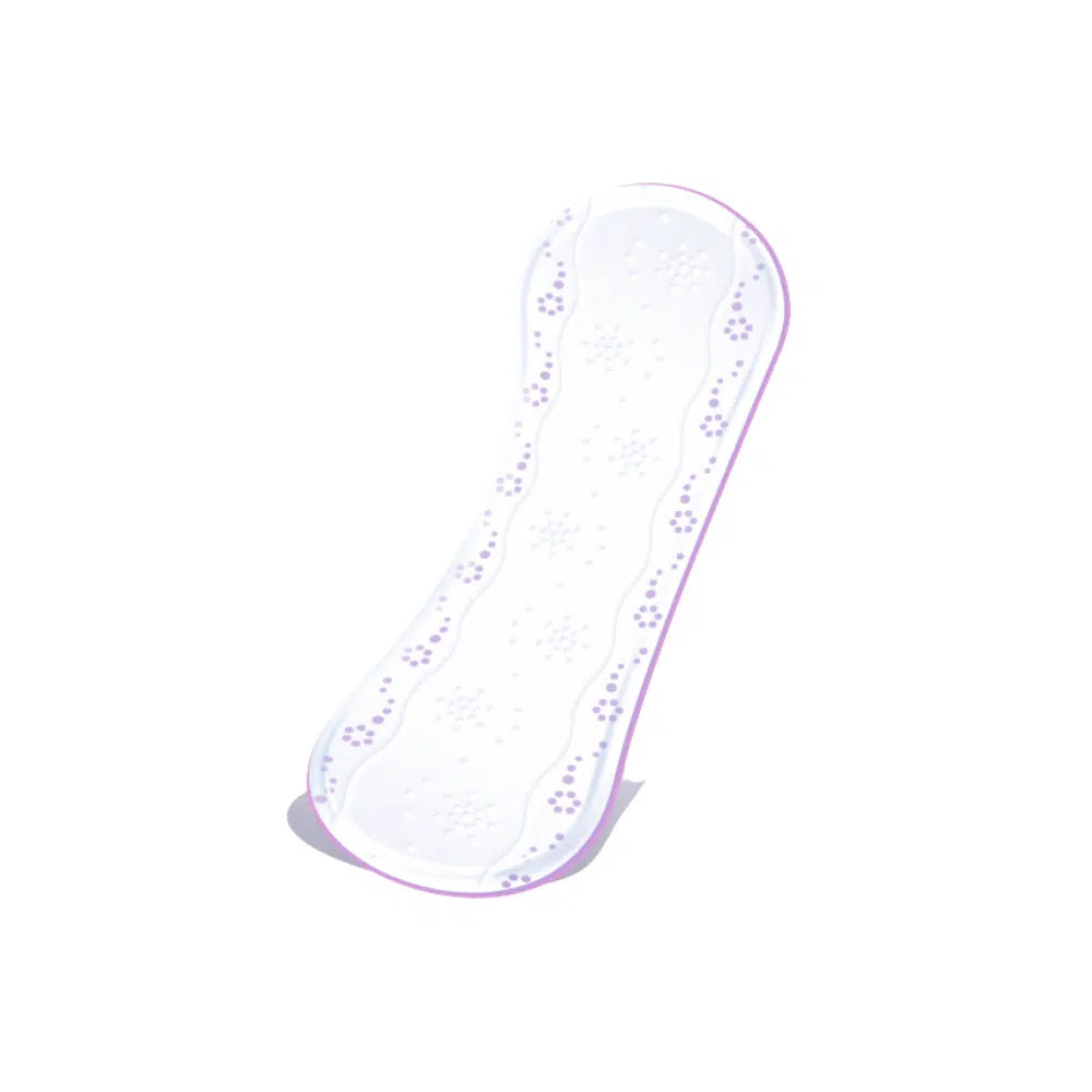 Auf weißem Hintergrund ist eine Seni Lady Slim Micro Plus Einlage (Packung, 20 Stück) der TZMO Deutschland GmbH zu sehen – eine geschwungene, floral gemusterte Inkontinenzeinlage für Frauen mit violetten Rändern.