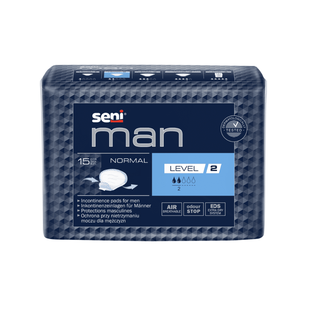 Eine Packung mit 15 Auslaufartikeln: Seni Man Normal Level 2 Inkontinenzeinlage von TZMO Deutschland GmbH für Männer, mit normaler Saugfähigkeit. Die Verpackung ist dunkelblau mit weißem und hellblauem mehrsprachigem Text und Piktogrammen.