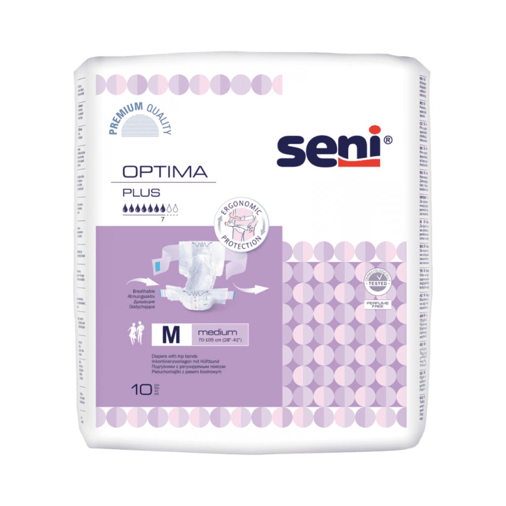 Eine Packung Seni Optima Plus Inkontinenzvorlagen mit Hüftbund der TZMO Deutschland GmbH, Größe M, bietet ergonomischen Schutz und Premium-Qualität. Die Packung enthält 10 Inkontinenzvorlagen für Erwachsene. Markenlogo und Produktname sind abgebildet.
