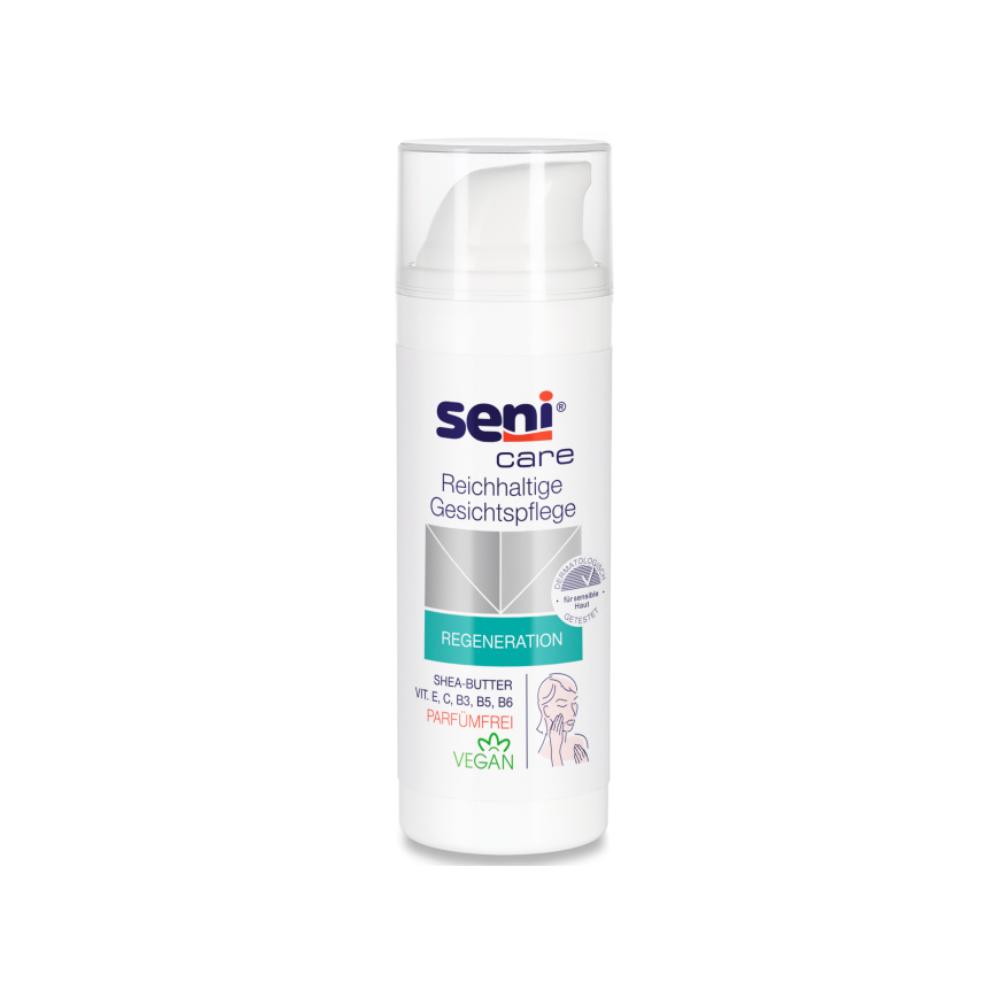 Die Seni Care Reichhaltige Gesichtspflege von TZMO Deutschland GmbH ist eine 50 ml Gesichtscreme, die ideal für empfindliche Haut ist, angereichert mit Sheabutter und den Vitaminen E, C, B3, B5, B6 für zusätzliche Feuchtigkeit. Die vegane Formel wird in einer weißen Flasche mit blaugrünen und violetten Akzenten geliefert.