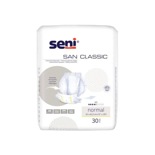 Eine Packung San Seni Classic Normal Inkontinenzvorlage der TZMO Deutschland GmbH enthält 30 Einlagen, hat eine weiße Verpackung mit blau-grauer Schrift, ist ideal bei Blasenschwäche und zeigt eine Abbildung des Einlagendesigns.
