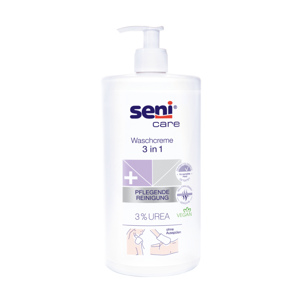 Eine weiße Pumpflasche der TZMO Deutschland GmbH Seni Care Waschcreme 3 in 1 mit 3% Urea, 1000 ml, mit der Aufschrift vegan. Der deutsche Text hebt die sanfte, pflegende Reinigung hervor - ideal für die Bedürfnisse empfindlicher Haut.