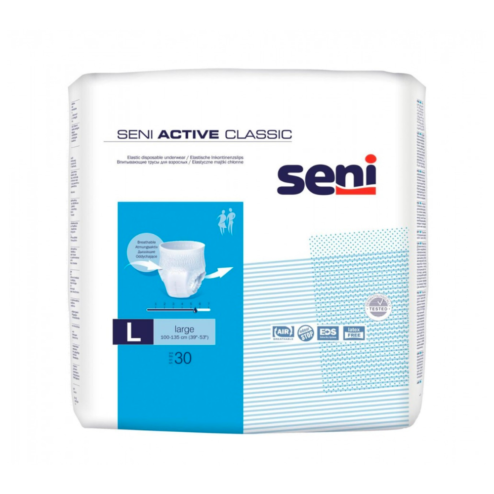 Eine Packung mit 30 Seni Active Classic Pants Inkontinenzhosen der TZMO Deutschland GmbH, Größe L, bei Blasenschwäche. Die überwiegend weiße Verpackung mit blauen Akzenten betont optimalen Tragekomfort und zeigt Produktdetails und Grafiken.