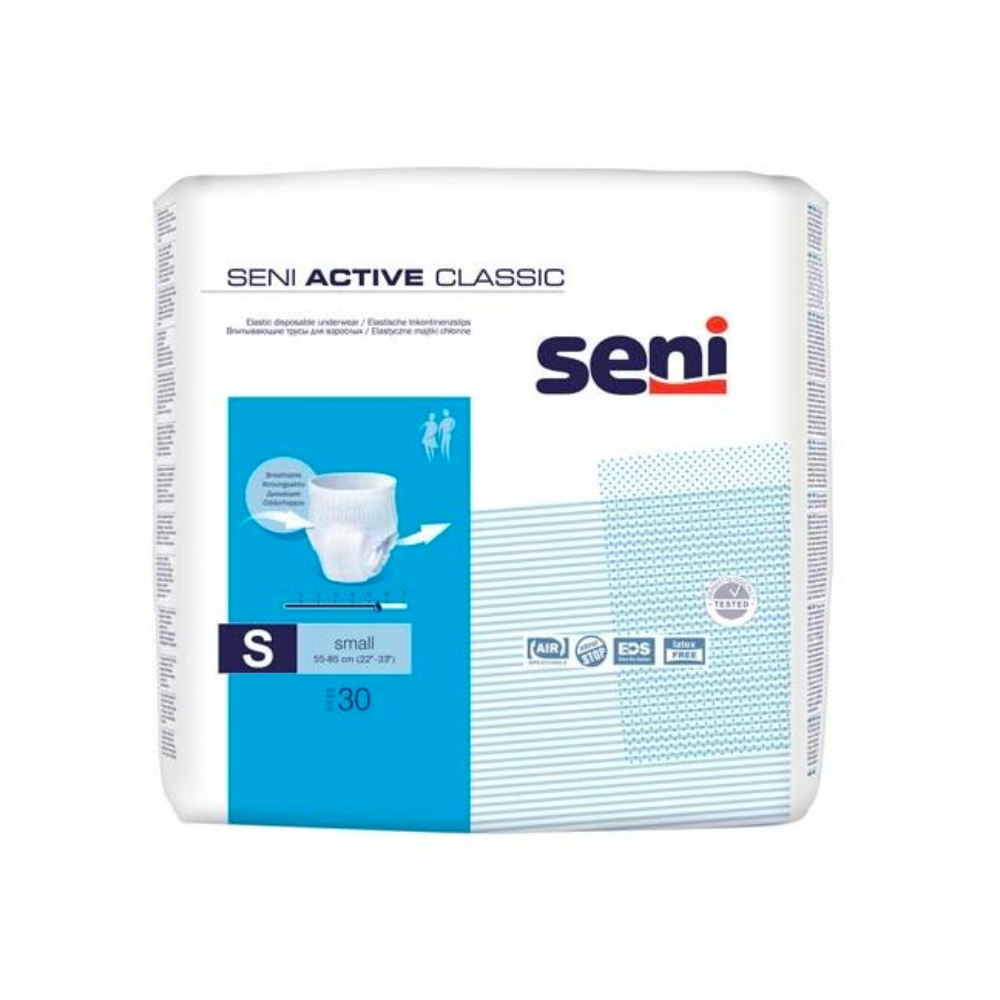 Eine Packung Seni Active Classic Pants Inkontinenzpants der TZMO Deutschland GmbH in der Größe Small besticht durch ihr blau-weißes Design und hebt Kapazität, Produktdetails und erhöhten Tragekomfort für Menschen mit Blasenschwäche hervor.