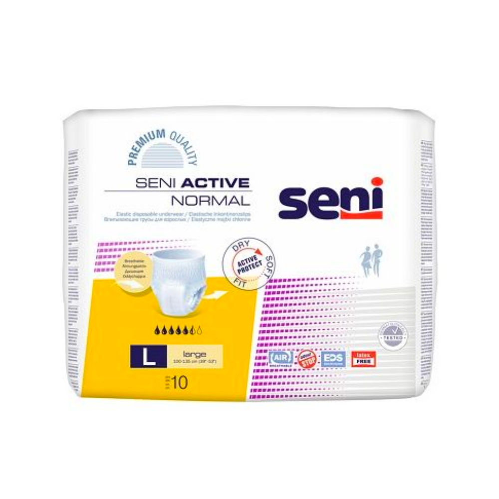 Seni Active Normal Inkontinenzpants von TZMO Deutschland GmbH: Erwachsenengröße Large, 1700 ml Fassungsvermögen. Ideal bei Blasenschwäche, die Packung zeigt Produktinformationen, ein Diagramm und hebt den Nässeindikator hervor.