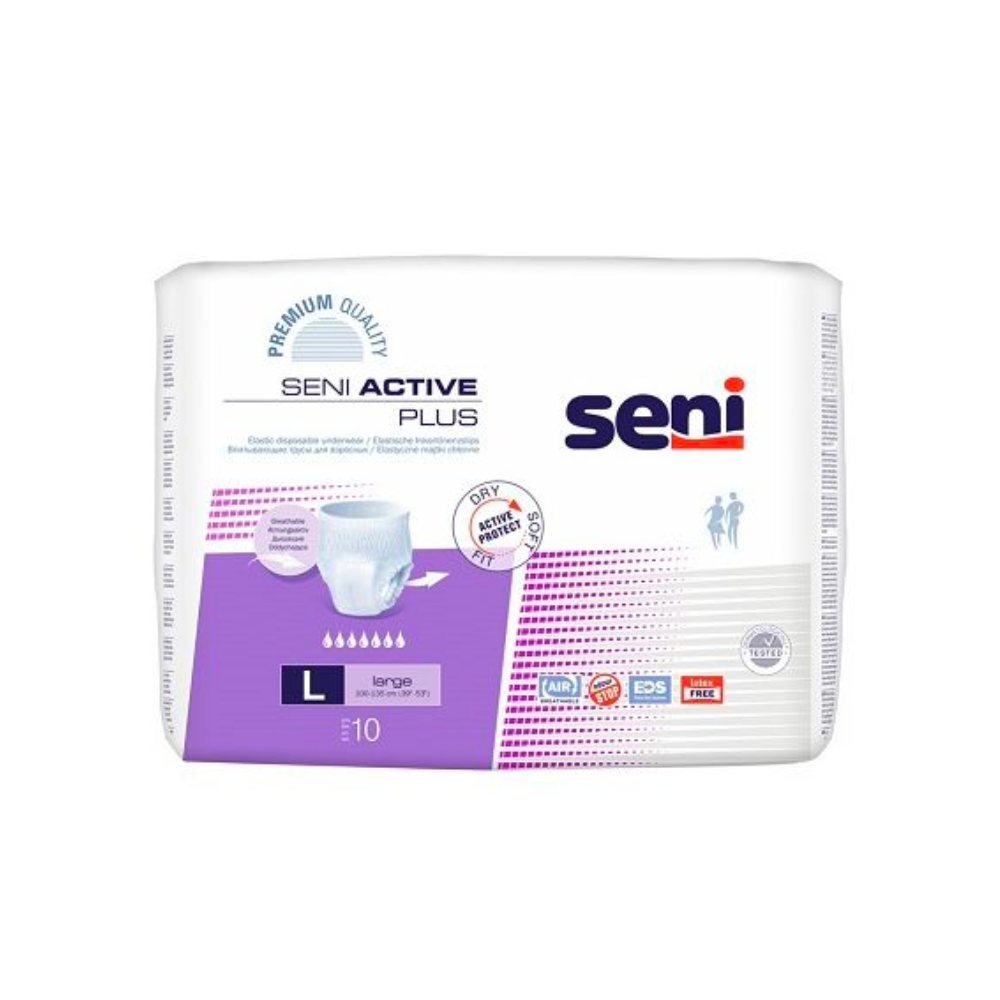 Eine Packung Seni Active Plus Inkontinenzpants der TZMO Deutschland GmbH, Größe L, mit lila-weißem Design und Produktinfo auf der Vorderseite. Enthält 10 saugstarke Windeln bei Blasenschwäche.