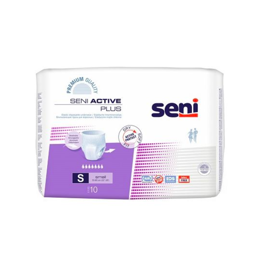 Eine Packung Seni Active Plus Inkontinenzpants der TZMO Deutschland GmbH in der Größe S verfügt über ein lila-weißes Design mit deutlich sichtbarem Produktnamen, Funktionen und Symbolen auf der Verpackung.