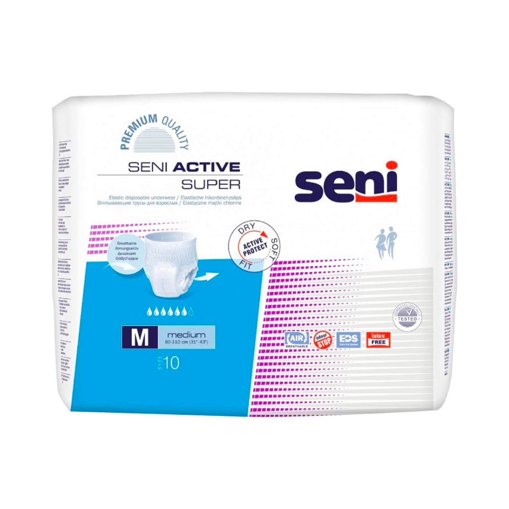 Eine Packung Seni Active Super Inkontinenzpants der TZMO Deutschland GmbH, Größe M, in Weiß, Blau und Lila, zeigt Produktdetails, Symbole für Atmungsaktivität und Geruchskontrolle, Windelbilder und gehende Personen. Entwickelt für Blasenschwäche.