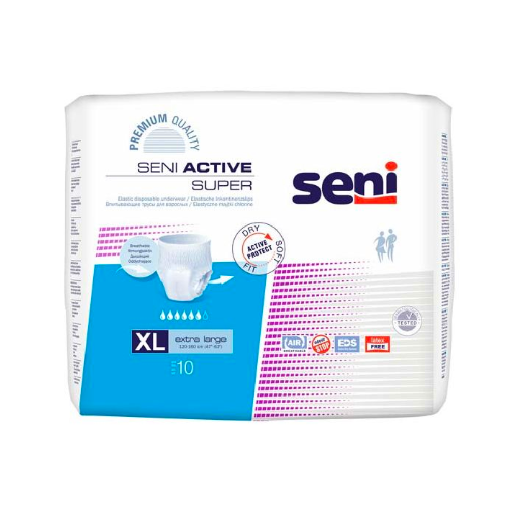 Eine Packung Seni Active Super Inkontinenzpants der TZMO Deutschland GmbH, Größe XL, enthält 10 Stück. Die weiße Verpackung mit blauen und violetten Akzenten hebt wichtige Merkmale und Zertifizierungen für einen effektiven Blasenschwäche-Schutz hervor.