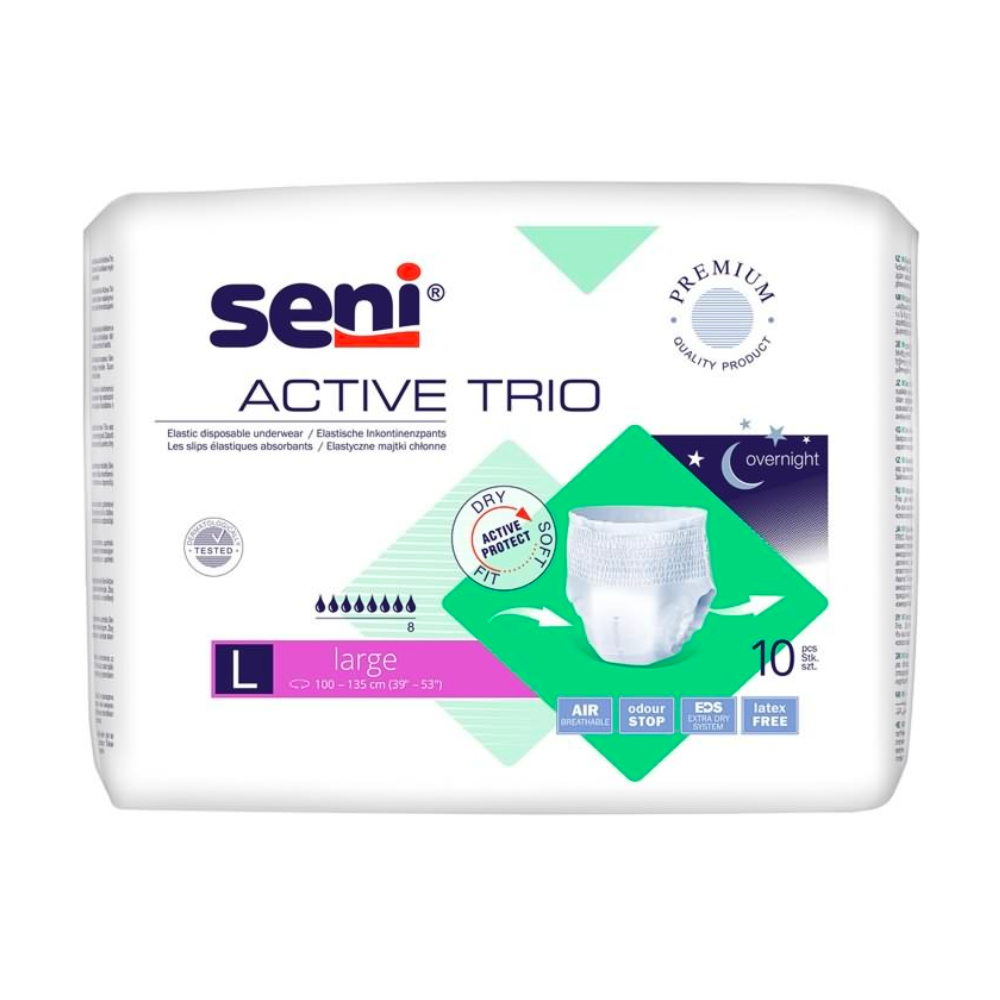 Eine Packung mit 10 Seni Active Trio Inkontinenzhosen der TZMO Deutschland GmbH, Größe L mit lila/grünen Akzenten. Die Verpackung betont Trockenheit, Saugfähigkeit, Luftzirkulation und Geruchskontrolle bei Blasenschwäche. Geeignet für die Anwendung über Nacht.