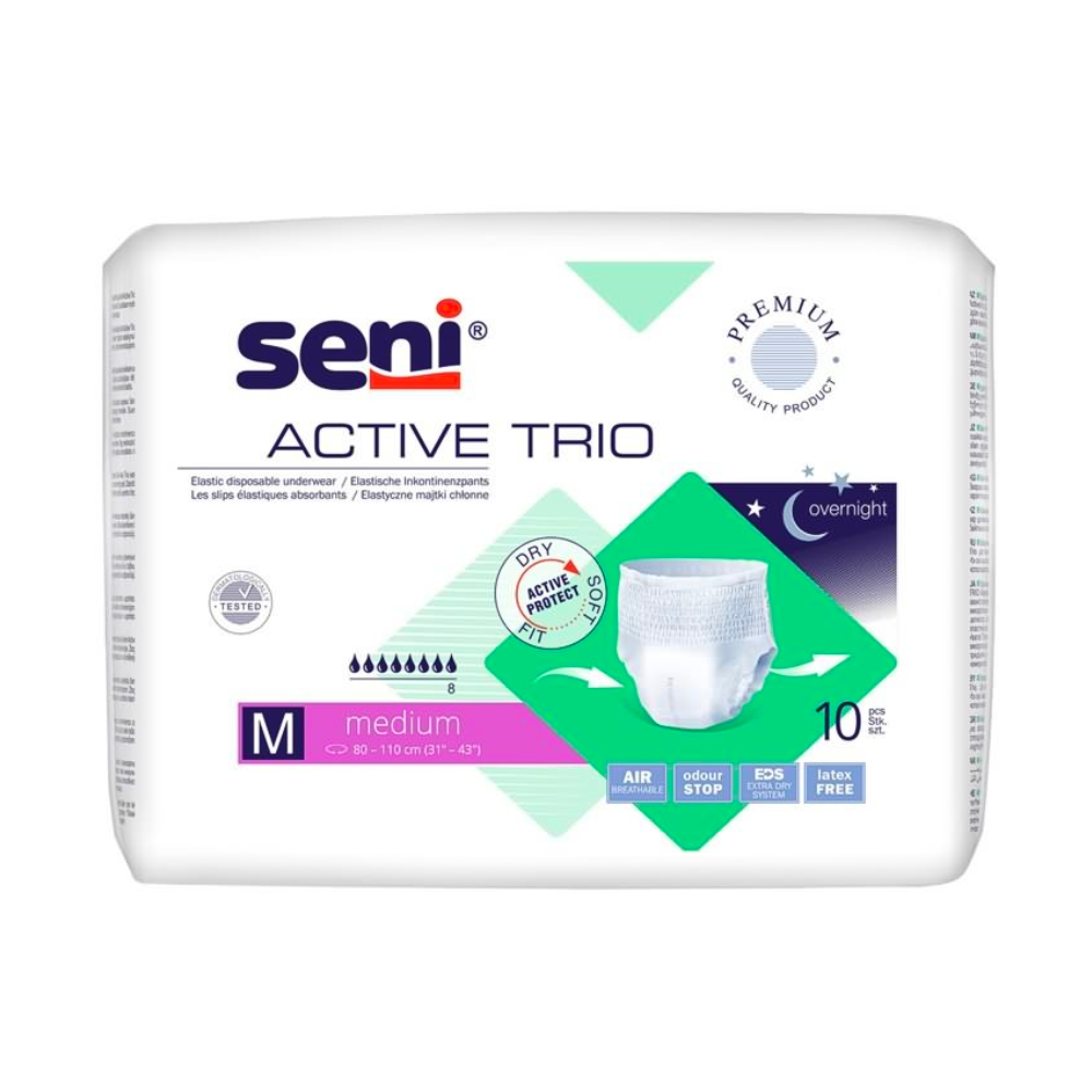 Eine Packung mit 10 Seni Active Trio Inkontinenzhosen von TZMO Deutschland GmbH, Größe M (80–110 cm), mit Symbolen für die Verwendung über Nacht, Trockenschutz, Geruchsstopp und Luftzirkulation – perfekt bei Blasenschwäche.