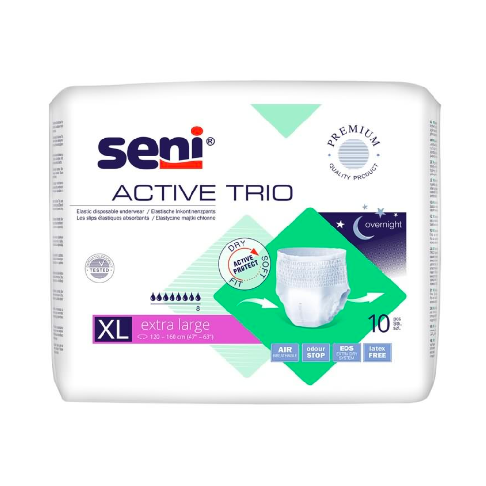Eine 10er-Packung Seni Active Trio Inkontinenzhosen der TZMO Deutschland GmbH bei Blasenschwäche, mit Geruchsstopp, latexfreiem Material, geeignet für die Nachtanwendung. Überwiegend weiße Verpackung mit violetten und grünen Akzenten.