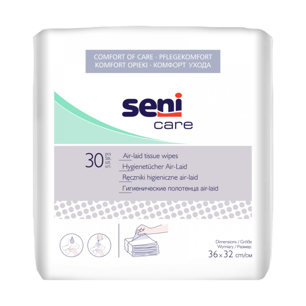 Die TZMO Deutschland GmbH Seni Care Hygienetücher Air-Laid Packung enthält 30 Tücher (36 x 32 cm) zur effektiven Hautreinigung, mit mehrsprachiger Produktinformation und Anwendungsbildern auf der weißen Verpackung.