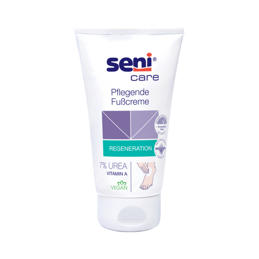 Die 100ml Seni Care Pflegende Fußcreme von TZMO Deutschland GmbH regeneriert mit 7% Urea, Vitamin A für Feuchtigkeit und ist vegan zertifiziert. Die dermatologisch bestätigte Verpackung zeigt ein Fuß- und Cremebild.