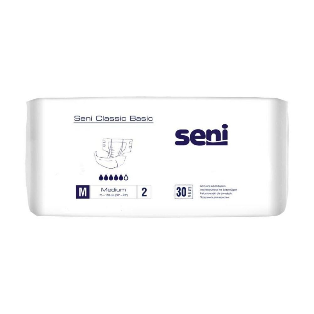 Eine weiße Packung mit der Aufschrift „Seni Classic Basic Inkontinenzhose, Größe S-XL“ von TZMO Deutschland GmbH trägt das Seni-Logo, ein Größensymbol, Informationen zur Saugfähigkeit, eine atmungsaktive Außenschicht und gibt an, dass 30 Stück für Blasenschwäche enthalten sind.
