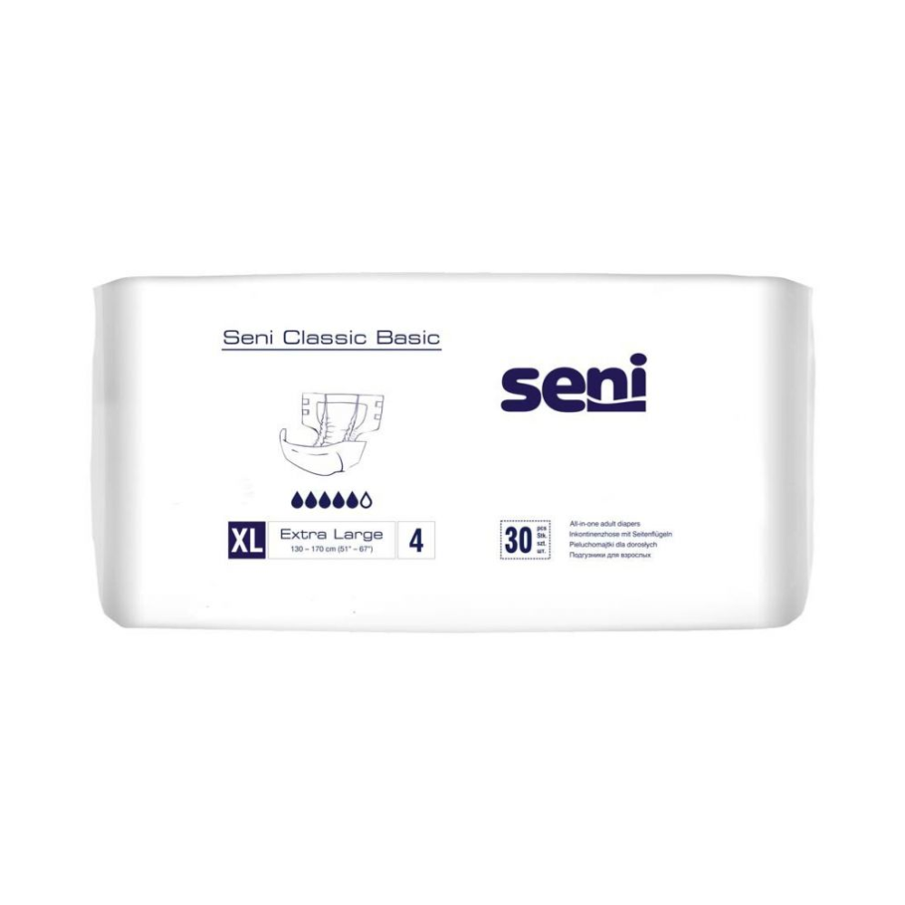 Eine 30er-Packung Seni Classic Basic Inkontinenzhosen (Größe XL) der TZMO Deutschland GmbH bei Blasenschwäche ist mit vier Tropfensymbolen versehen, die weiße Verpackung ist mit blauem Text und blauen Symbolen versehen.
