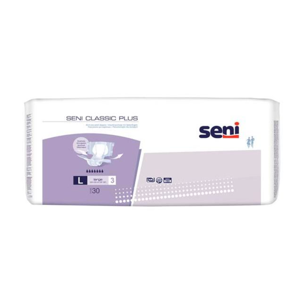 Die Seni Classic Plus Inkontinenzhose von TZMO Deutschland GmbH, Größe S-XL, wird in einer lila-weißen Packung mit Markenzeichen und Symbolen geliefert, enthält 30 Stück und ist mit der Saugstärke 3 gekennzeichnet.