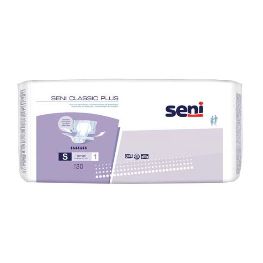 Eine Packung Seni Classic Plus Inkontinenzhosen (Größe S-XL) von TZMO Deutschland GmbH in einer weiß-violetten Verpackung mit Markenaufdruck, Größenangaben und Symbolen – ideal für die diskrete Behandlung von Blasenschwäche.