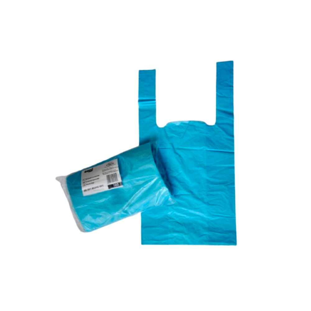 Eine Rolle blauer Seni-Entsorgungsbeutel der TZMO Deutschland GmbH mit der Aufschrift „HDPE 5 Liter“ und „geruchsneutralisierend“ liegt neben einem ungefalteten Beutel. Der ungefaltete Beutel, der als Entsorgungsbeutel verwendet werden soll, hat zwei Griffe und eine rechteckige Form auf einem schlichten weißen Hintergrund.