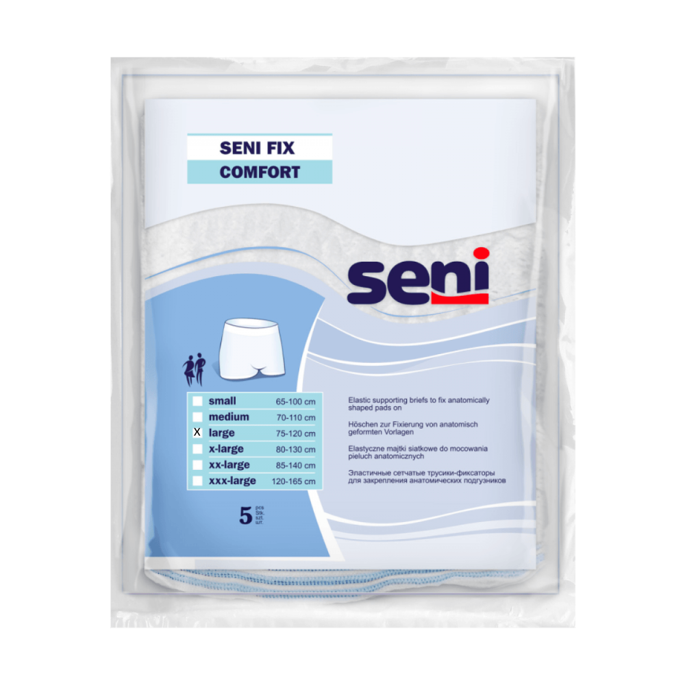 Die Seni Fix Comfort-Verpackung der TZMO Deutschland GmbH zeigt auf weißem, blau akzentuiertem Hintergrund ein Bild elastischer Fixierhöschen in den Größen Small bis XXX-Large mit Zentimetermaßen. Ideal für Inkontinenzprodukte, hebt sie Produktname und Größen deutlich hervor.