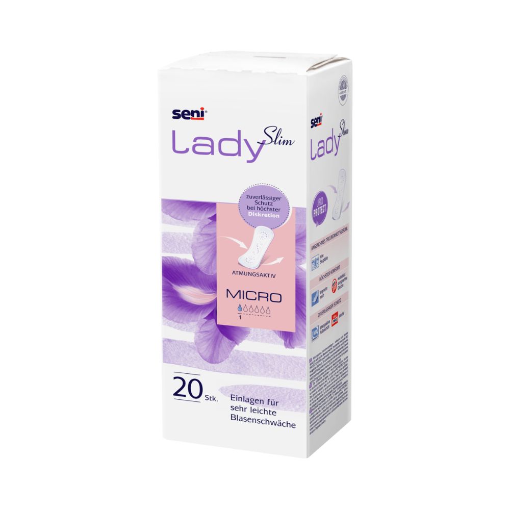 Eine weiße, rechteckige Schachtel mit Auslaufartikel: Seni Lady Slim Micro Einlage der TZMO Deutschland GmbH mit violetten Akzenten, Federmotiv und Text. Die Packung enthält 20 Einlagen für sehr leichte Inkontinenz.