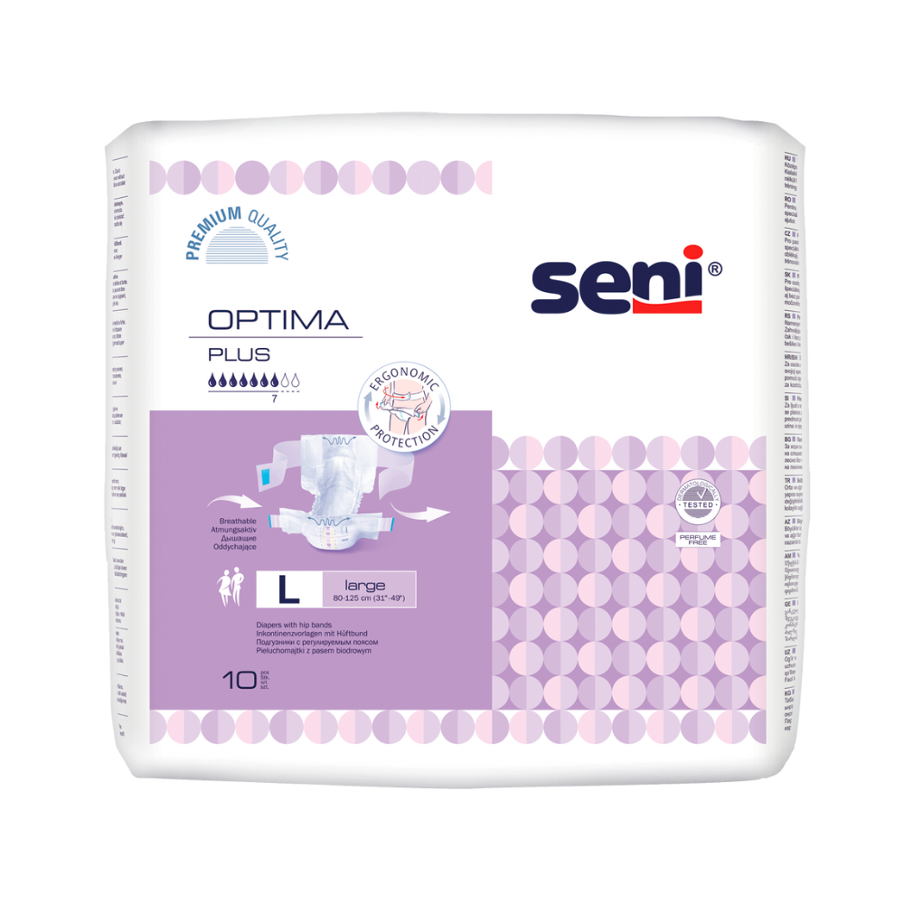 Eine Packung Seni Optima Plus Inkontinenzvorlagen mit Hüftbund (Größe L) von TZMO Deutschland GmbH. Die weiße Verpackung mit violetten Akzenten enthält 10 Stück und zeigt Marken- und Produktinformationen deutlich auf der Vorderseite.