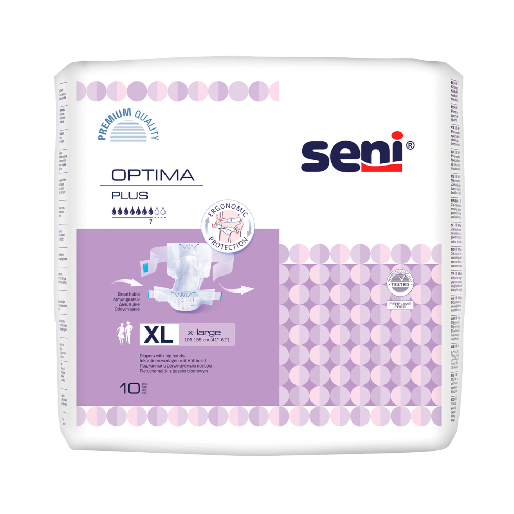 Eine Packung Seni Optima Plus Inkontinenzvorlagen mit Hüftbund der TZMO Deutschland GmbH, Größe XL, im lila-weißen Design bietet hochwertigen und ergonomischen Hüftbundschutz. Inhalt: 10 Stück.