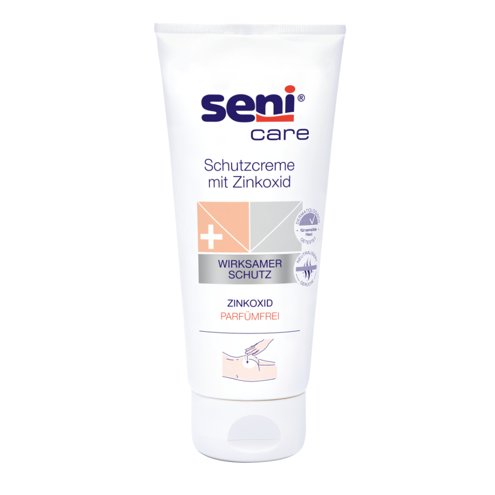 Eine weiße Tube der TZMO Deutschland GmbH mit der Aufschrift „Seni Schutzcreme mit Zinkoxid“ punktet mit Eigenschaften wie wirksamer Schutzwirkung, Zinkoxid-Gehalt und einer parfümfreien Formel, die sie ideal zur Hautpflege macht.