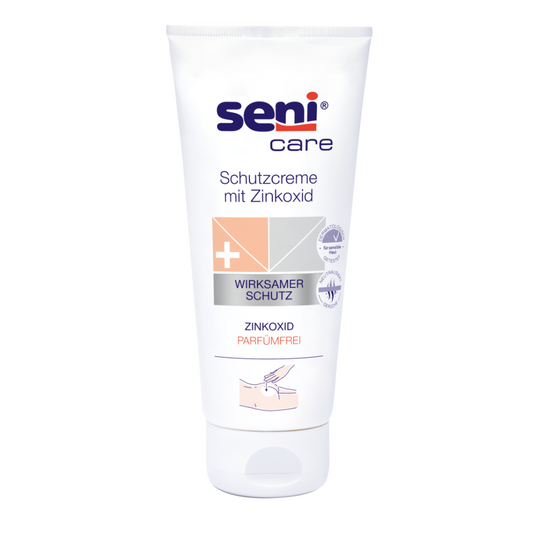 Eine weiße Tube der TZMO Deutschland GmbH mit der Aufschrift „Seni Schutzcreme mit Zinkoxid“ punktet mit Eigenschaften wie wirksamer Schutzwirkung, Zinkoxid-Gehalt und einer parfümfreien Formel, die sie ideal zur Hautpflege macht.