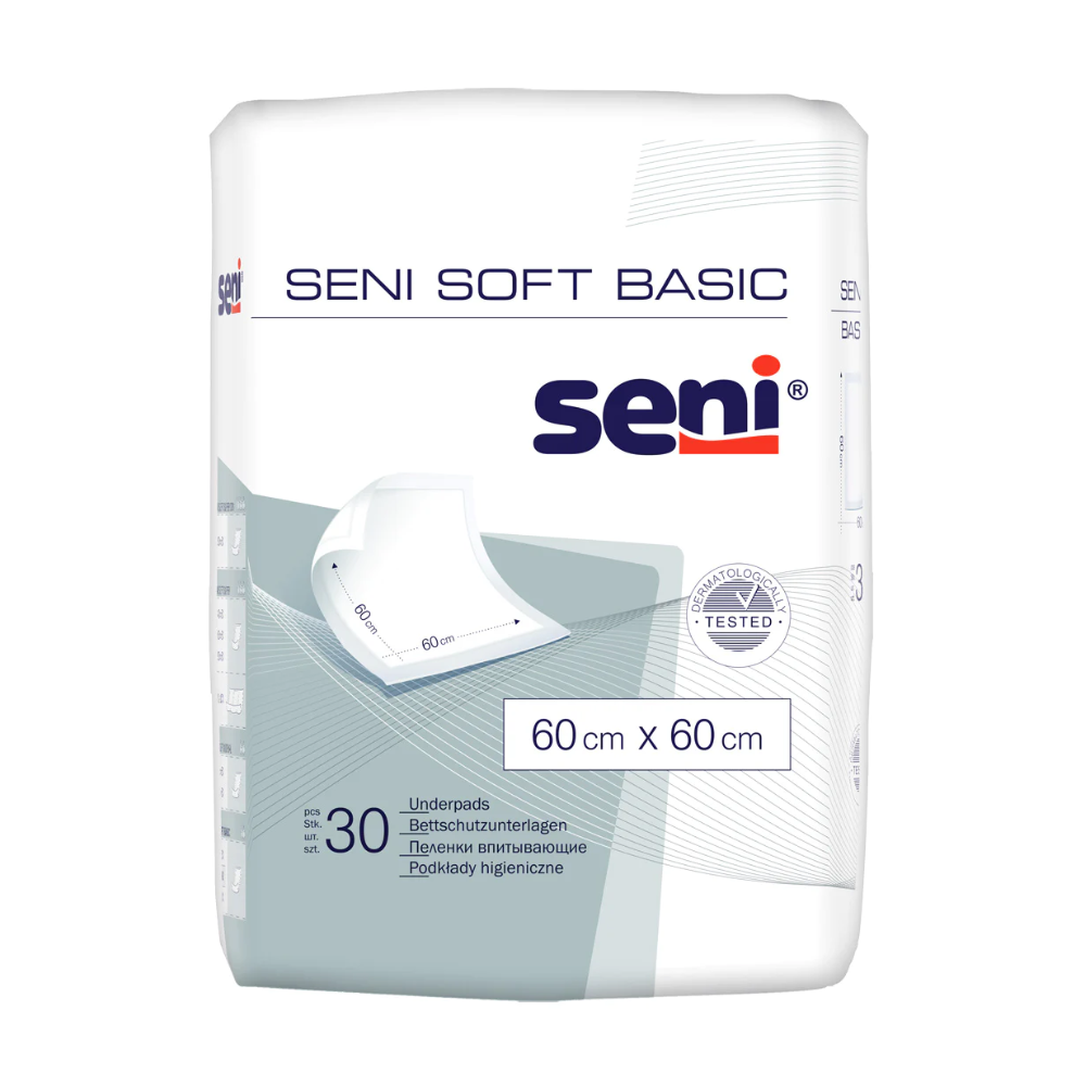Eine Packung Seni Soft Basic Bettschutzunterlagen der TZMO Deutschland GmbH, mit Produktbild, erhältlich in verschiedenen Größen (z.B. 60 x 60 cm), enthält 30 Unterlagen und bietet Schutz mit mehrsprachigen Produktinformationen.