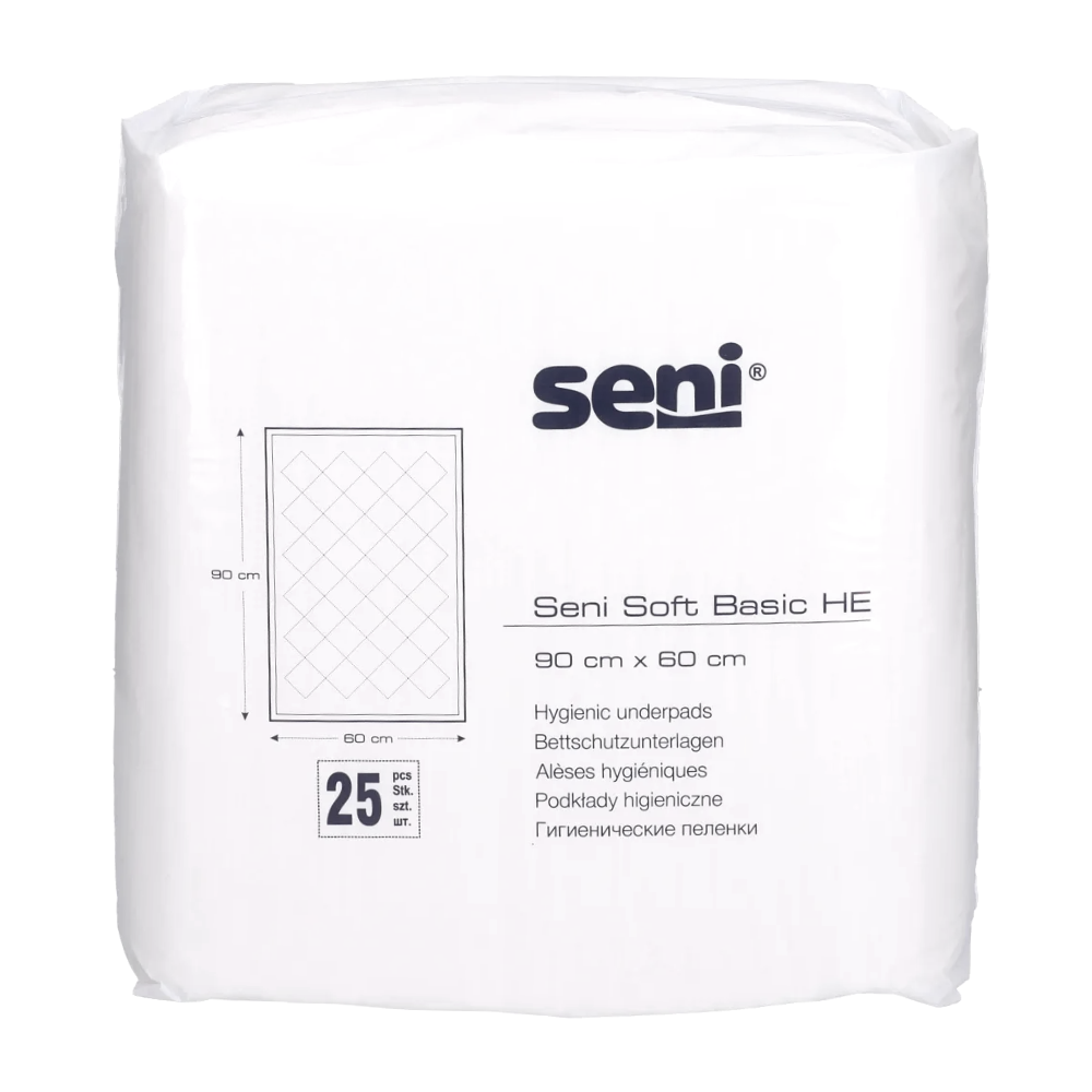 Eine Packung mit 25 Seni Soft Basic HE Bettschutzunterlagen der TZMO Deutschland GmbH, Größe 90 x 60 cm; auf der Verpackung sind das Seni-Logo, die Unterlagengröße, das Produktbild und die Menge abgebildet.