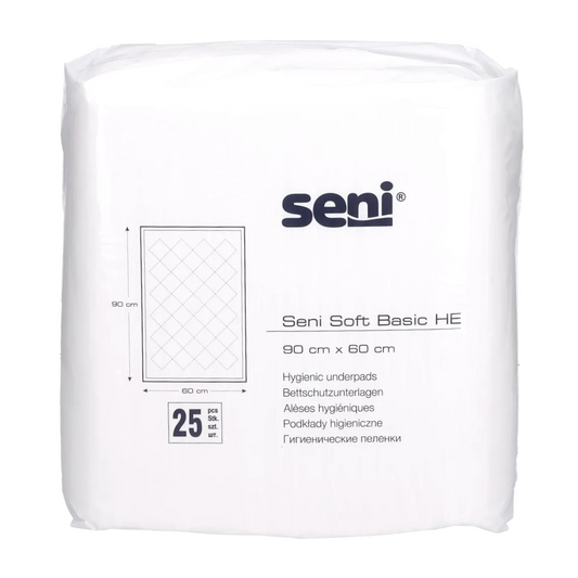 Eine Packung mit 25 Seni Soft Basic HE Bettschutzunterlagen der TZMO Deutschland GmbH, Größe 90 x 60 cm; auf der Verpackung sind das Seni-Logo, die Unterlagengröße, das Produktbild und die Menge abgebildet.