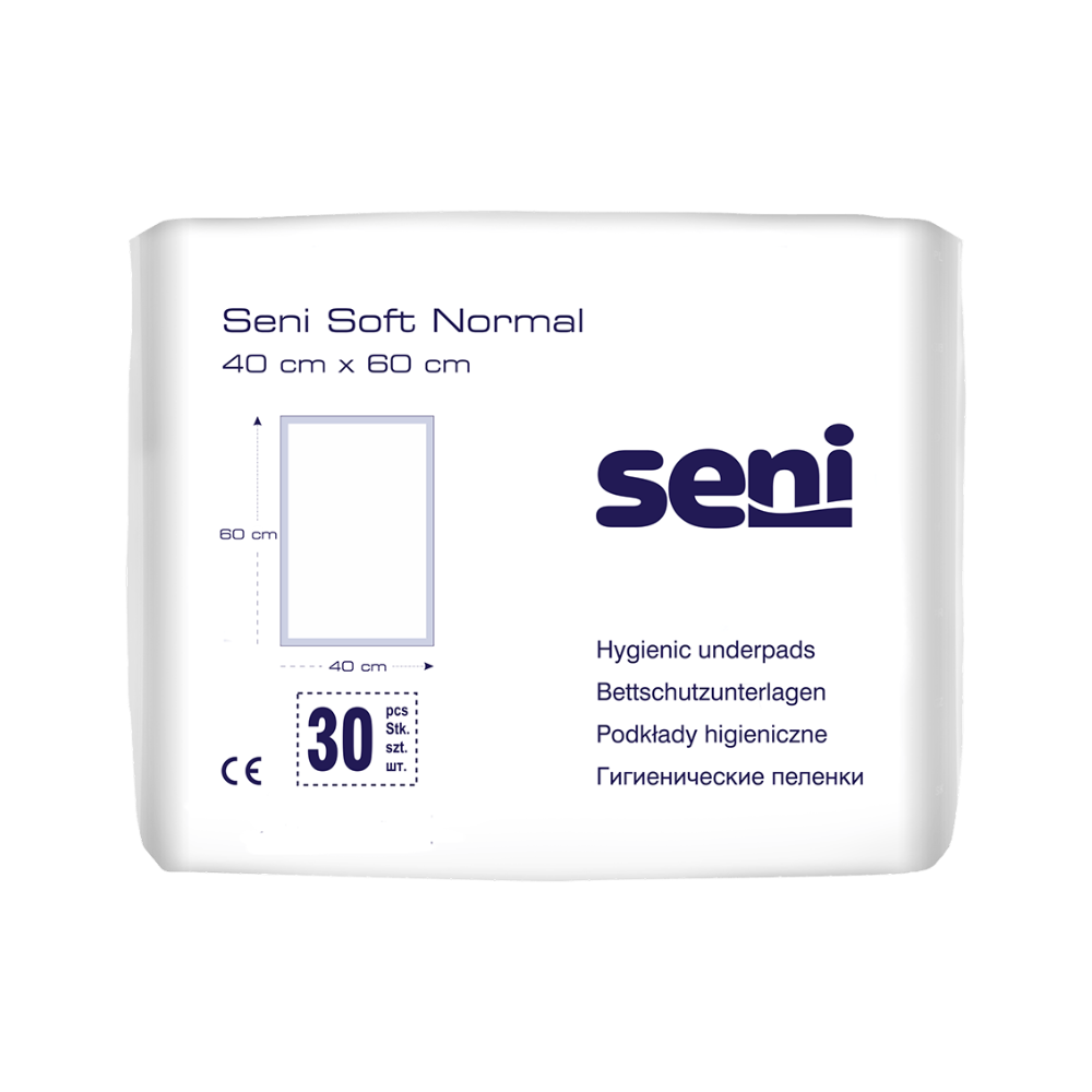 Eine Packung Seni Soft Normal Bettschutzunterlagen der TZMO Deutschland GmbH (40 x 60 cm). Die weiße Packung mit blauem Text und Grafiken enthält 30 Stück und bietet zuverlässigen Schutz und Informationen in mehreren Sprachen.