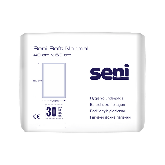 Eine Packung Seni Soft Normal Bettschutzunterlagen der TZMO Deutschland GmbH (40 x 60 cm). Die weiße Packung mit blauem Text und Grafiken enthält 30 Stück und bietet zuverlässigen Schutz und Informationen in mehreren Sprachen.