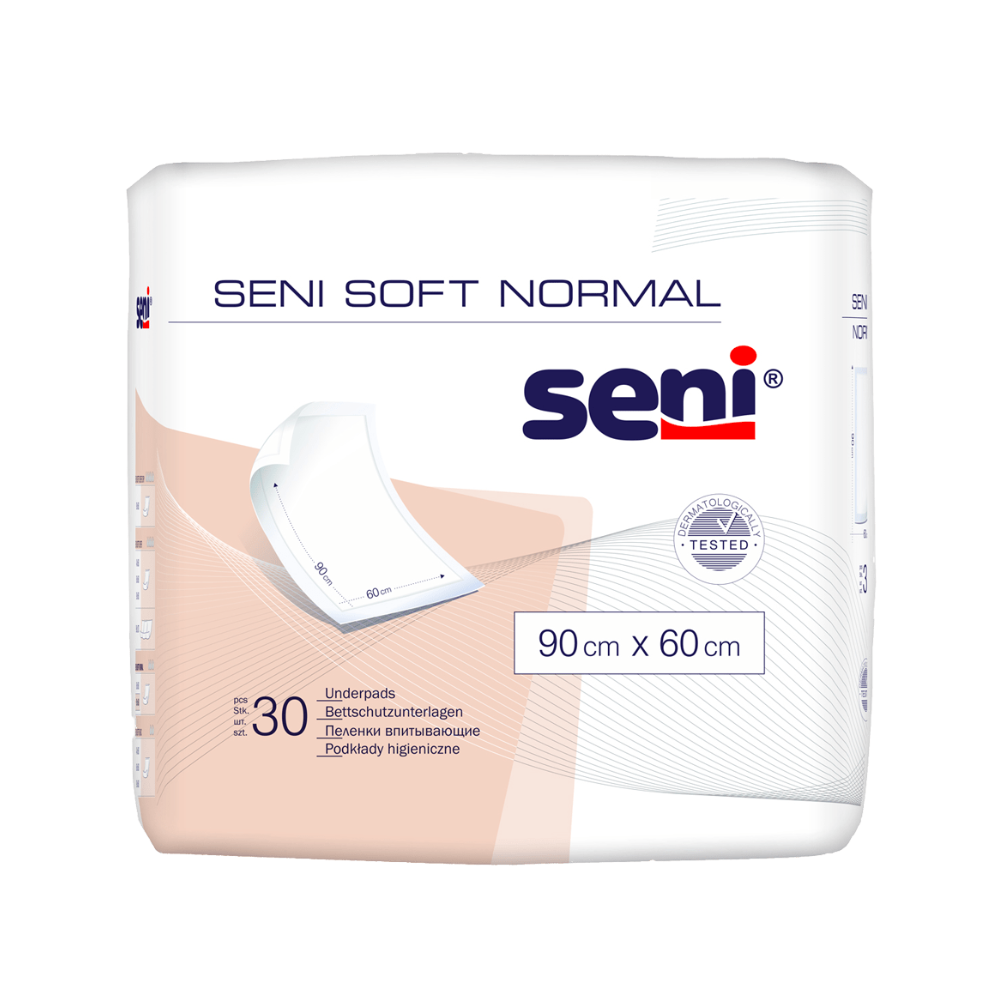 Eine Packung Seni Soft Normal Bettschutzunterlage (TZMO Deutschland GmbH), 90 x 60 cm, enthält 30 Pads. Die Verpackung zeigt eine einfache Underpad-Grafik und hebt zuverlässigen Schutz hervor. Verschiedene Größen erhältlich.