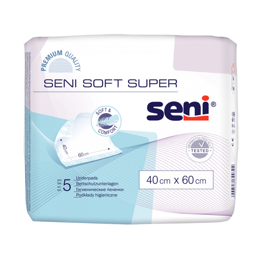 Eine Packung Seni Soft Super Bettschutzunterlagen der TZMO Deutschland GmbH, Größe 40 cm x 60 cm, enthält 5 Unterlagen in weiß-blauer Verpackung mit Produktinfos, Qualitätssymbolen und betont den zuverlässigen Schutz im Alltag.