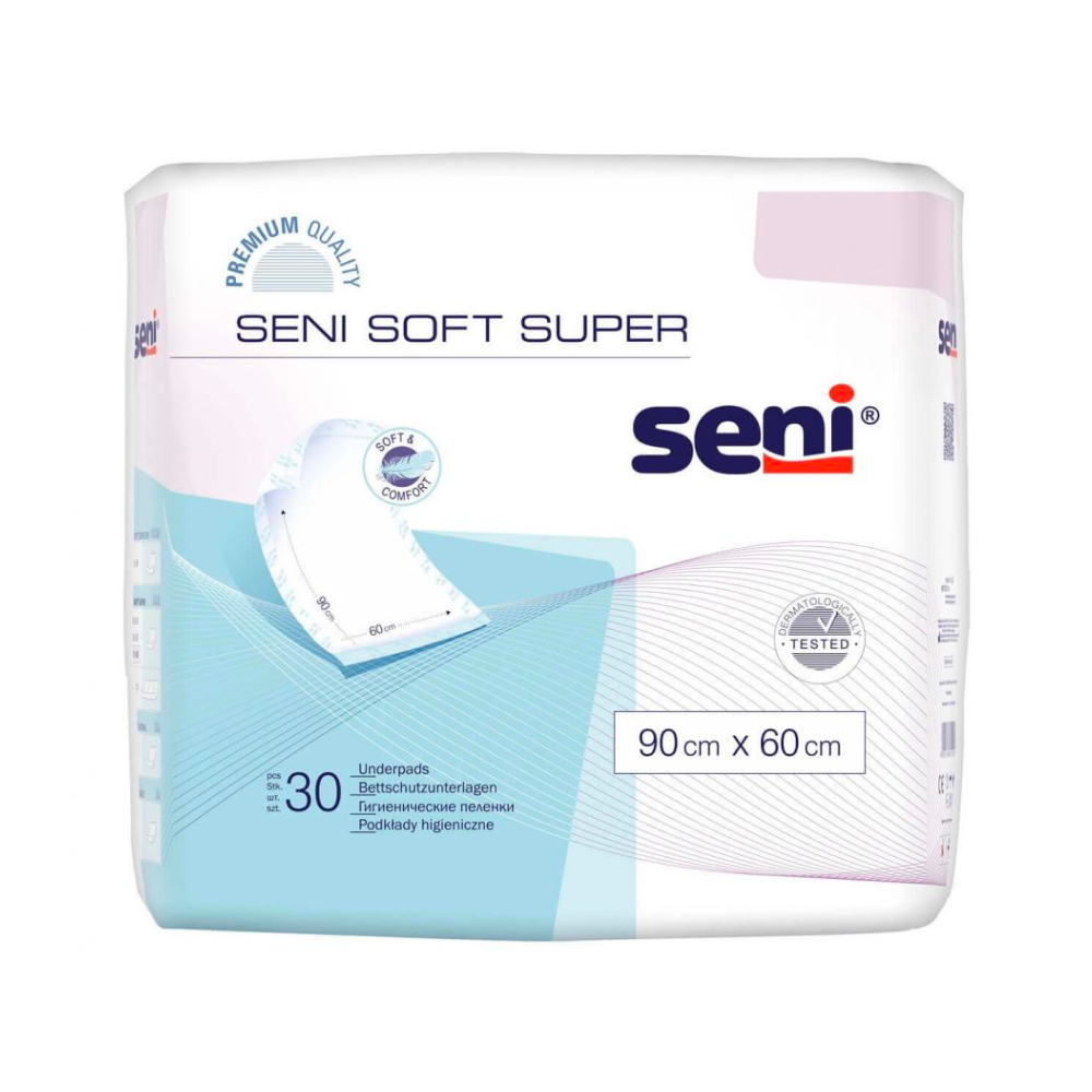 Eine 30-teilige Packung Seni Soft Super Bettschutzunterlagen, verschiedene Größen von TZMO Deutschland GmbH, Größe 90 x 60 cm. Die überwiegend weiße Verpackung mit blauen und rosa Akzenten ist mit Produktbildern, Qualitätssiegeln und „optimalem Schutz“ versehen.
