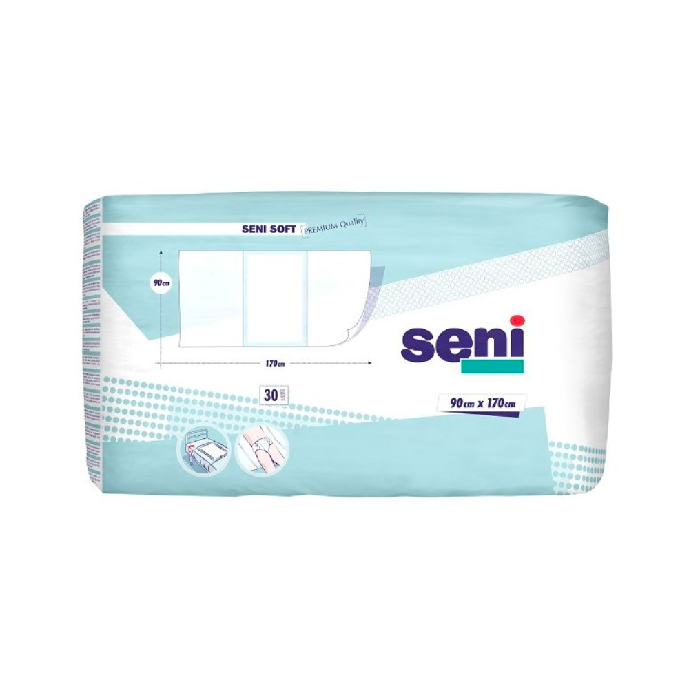 Eine rechteckige Packung Seni Soft Super Bettschutzunterlagen der TZMO Deutschland GmbH, erhältlich in verschiedenen Größen. Die blau-weiße Verpackung zeigt Produktinformationen und Anwendungsbeispiele. Die Packung enthält 30 Stück im Format 90 x 170 cm.