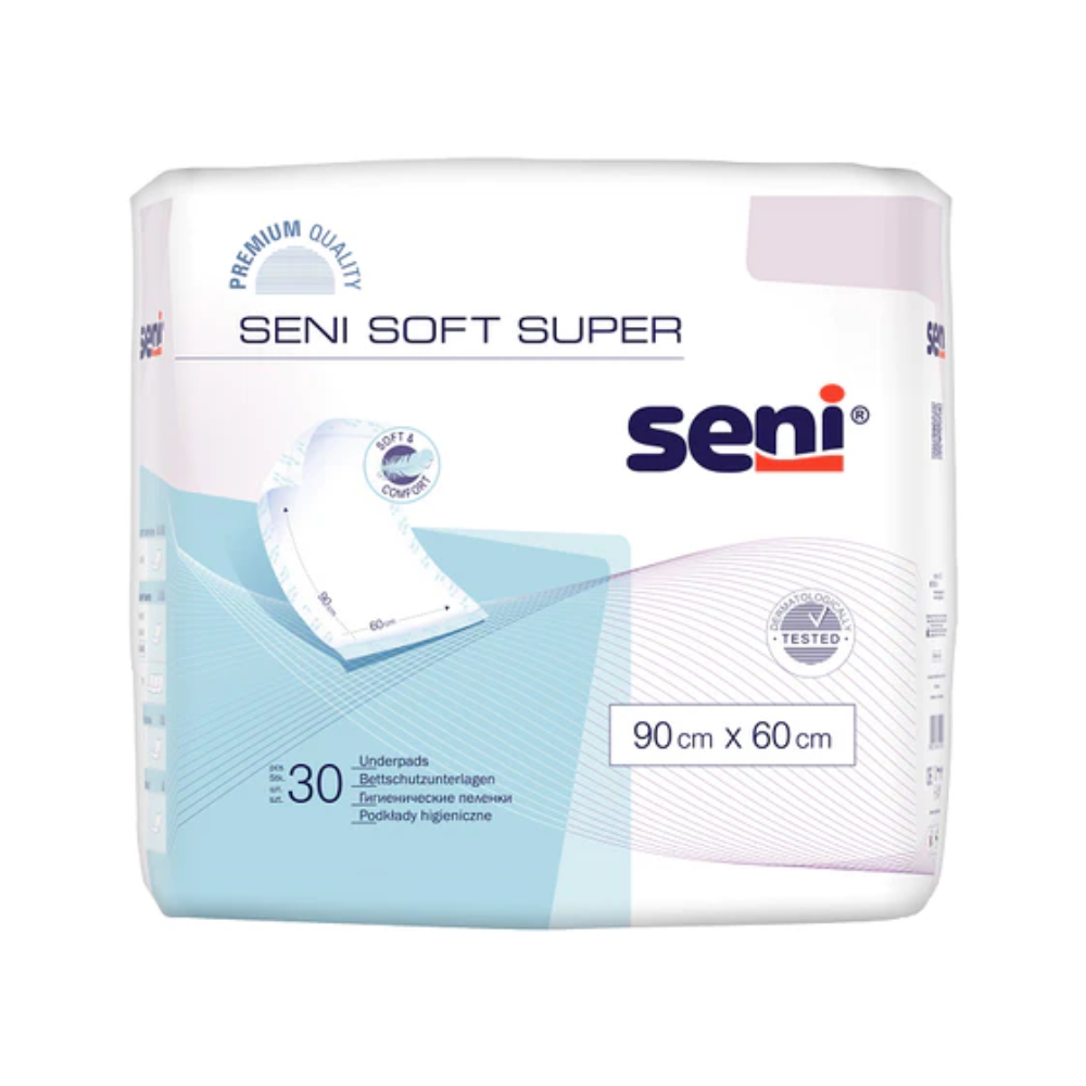 Eine Packung Seni Soft Super Bettschutzunterlagen 90x60 cm der TZMO Deutschland GmbH zeigt das Markenlogo, den Produktnamen und das Bild der Unterlage. Jede Packung enthält 25 Stück und unterstreicht so Premiumqualität und Komfort.