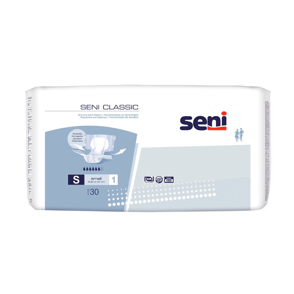Eine 30er-Packung Seni Classic Inkontinenzhose, Größe S-L von TZMO Deutschland GmbH. Die weiße Packung mit blauen/grauen Akzenten zeigt Produktabbildungen und Informationen zur Blasenschwäche-Saugfähigkeit.